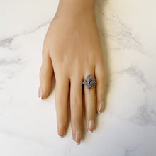 Load image into Gallery viewer, Antique Art Deco Silver Marcasite Ring. Vintage 1930s Ostrich Feather & Flower Ring. Sterling Silver Elongated Oval Ring. Size L UK/5.75 US