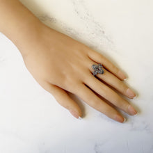 Load image into Gallery viewer, Antique Art Deco Silver Marcasite Ring. Vintage 1930s Ostrich Feather & Flower Ring. Sterling Silver Elongated Oval Ring. Size L UK/5.75 US