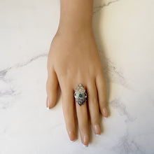 Charger l'image dans la galerie, Antique Chinese Engraved Sterling Silver Double Fish Ring. Art Deco Paste Diamond & Jade Marquise Ring. Optical Illusion Good Luck Amulet