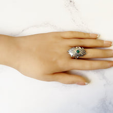 Charger l'image dans la galerie, Antique Chinese Engraved Sterling Silver Double Fish Ring. Art Deco Paste Diamond & Jade Marquise Ring. Optical Illusion Good Luck Amulet