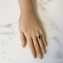 Cargar imagen en el visor de la galería, Antique Georgian Sapphire Ring, 18ct Gold. Blue Baguette Cut & White Rose Cut Sapphire Cluster Ring. Georgian/Victorian Halo Engagement Ring