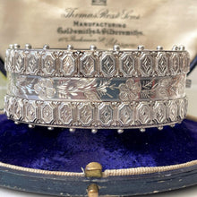 Carica l'immagine nel visualizzatore di Gallery, Antique Victorian Aesthetic Engraved Silver Bracelet. Engraved Forget-Me-Not & Silver Bead Wide Hinged Bangle, Hallmarked 1883