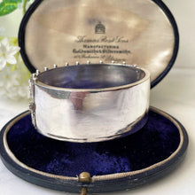 Carica l'immagine nel visualizzatore di Gallery, Antique Victorian Aesthetic Engraved Silver Bracelet. Engraved Forget-Me-Not & Silver Bead Wide Hinged Bangle, Hallmarked 1883