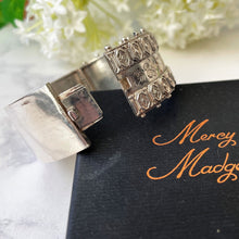 Carica l'immagine nel visualizzatore di Gallery, Antique Victorian Aesthetic Engraved Silver Bracelet. Engraved Forget-Me-Not & Silver Bead Wide Hinged Bangle, Hallmarked 1883