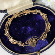 Carica l'immagine nel visualizzatore di Gallery, Vintage 9ct Gold Gate Bracelet With Heart Padlock Clasp. English Hallmarked Sweetheart Bracelet. Yellow Gold Fancy Link Love Bracelet