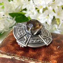 Cargar imagen en el visor de la galería, Vintage Scottish Silver Smoky Quartz Cairngorm Brooch. Celtic Cross Disc Brooch, James Coull Edinburgh 1967. Sterling Silver Ring Brooch.