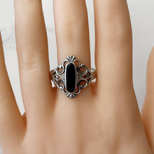 Cargar imagen en el visor de la galería, Vintage Whitby Jet Marquise Ring. Antique Art Nouveau/Arts & Crafts Sterling Silver Ring.  Large English Jet Cabochon Ring Size UK/U, US/10