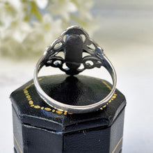 Cargar imagen en el visor de la galería, Vintage Whitby Jet Marquise Ring. Antique Art Nouveau/Arts & Crafts Sterling Silver Ring.  Large English Jet Cabochon Ring Size UK/U, US/10