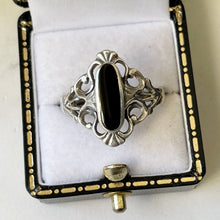 Cargar imagen en el visor de la galería, Vintage Whitby Jet Marquise Ring. Antique Art Nouveau/Arts & Crafts Sterling Silver Ring.  Large English Jet Cabochon Ring Size UK/U, US/10