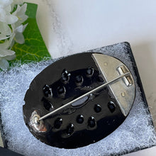 Load image into Gallery viewer, Antique Victorian Whitby Jet Snake Brooch. Carved English Jet & Silver Serpent Brooch. Large Oval Lapel Pin. Victorian Mourning Jewelry