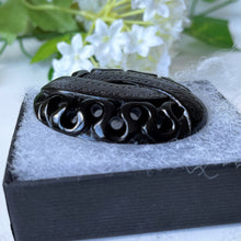 Load image into Gallery viewer, Antique Victorian Whitby Jet Snake Brooch. Carved English Jet & Silver Serpent Brooch. Large Oval Lapel Pin. Victorian Mourning Jewelry