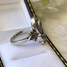 Load image into Gallery viewer, Antique Art Deco Silver Marcasite Ring. Vintage 1930s Ostrich Feather & Flower Ring. Sterling Silver Elongated Oval Ring. Size L UK/5.75 US