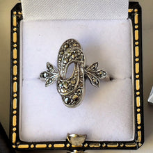 Load image into Gallery viewer, Antique Art Deco Silver Marcasite Ring. Vintage 1930s Ostrich Feather & Flower Ring. Sterling Silver Elongated Oval Ring. Size L UK/5.75 US