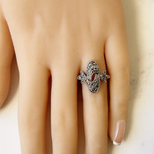 Load image into Gallery viewer, Antique Art Deco Silver Marcasite Ring. Vintage 1930s Ostrich Feather & Flower Ring. Sterling Silver Elongated Oval Ring. Size L UK/5.75 US