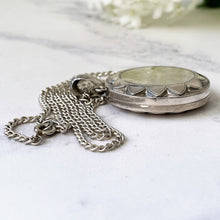 Carica l'immagine nel visualizzatore di Gallery, Antique Victorian Silver Flower Locket & Chain. Embossed Engraved Chrysanthemum Photo Locket. Large Puffy Sterling Silver Locket Necklace