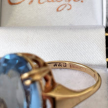 Charger l'image dans la galerie, Vintage Blue Topaz 9ct Gold Cocktail Ring. 15ct Oval Step Cut Sky Blue Gemstone Ring. Large Topaz Solitaire Ring, 1969 Hallmark London