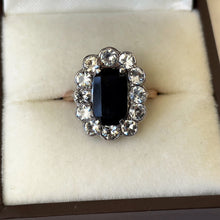 Cargar imagen en el visor de la galería, Antique Georgian Sapphire Ring, 18ct Gold. Blue Baguette Cut & White Rose Cut Sapphire Cluster Ring. Georgian/Victorian Halo Engagement Ring