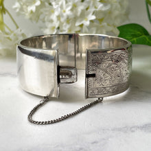 Cargar imagen en el visor de la galería, Vintage English Sterling Silver Floral Engraved Bracelet. Victorian Style Wide Hinged Bangle, Hallmarked 1958. Silver Sweetheart Bracelet