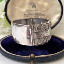 Carica l'immagine nel visualizzatore di Gallery, Antique Victorian Aesthetic Engraved Silver Bracelet. Engraved Forget-Me-Not & Silver Bead Wide Hinged Bangle, Hallmarked 1883