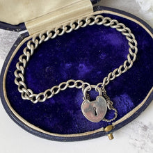 Carica l'immagine nel visualizzatore di Gallery, Antique Victorian Silver Bracelet With Heart Padlock. English Curb Chain Bracelet, 1890. Sterling Silver Watch Chain Sweetheart Bracelet