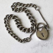 Carica l'immagine nel visualizzatore di Gallery, Antique Victorian Silver Bracelet With Heart Padlock. English Curb Chain Bracelet, 1890. Sterling Silver Watch Chain Sweetheart Bracelet