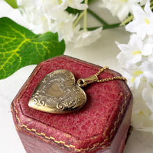 Cargar imagen en el visor de la galería, Vintage Solid 14ct Gold Love Heart Locket. Floral Engraved 2-Photo Locket & Chain. Yellow Gold Sweetheart Locket, Romantic Jewelry Gift