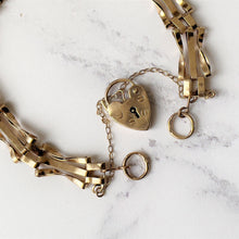 Carica l'immagine nel visualizzatore di Gallery, Vintage 9ct Gold Gate Bracelet With Heart Padlock Clasp. English Hallmarked Sweetheart Bracelet. Yellow Gold Fancy Link Love Bracelet