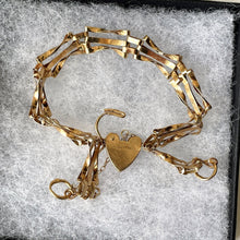 Carica l'immagine nel visualizzatore di Gallery, Vintage 9ct Gold Gate Bracelet With Heart Padlock Clasp. English Hallmarked Sweetheart Bracelet. Yellow Gold Fancy Link Love Bracelet