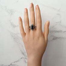 Cargar imagen en el visor de la galería, Vintage Whitby Jet Marquise Ring. Antique Art Nouveau/Arts & Crafts Sterling Silver Ring.  Large English Jet Cabochon Ring Size UK/U, US/10