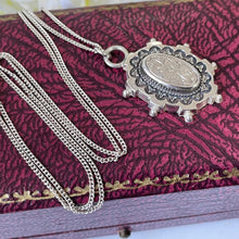 Cargar imagen en el visor de la galería, Antique Victorian Silver Aesthetic Engraved Pansy Flower Necklace. Small Oval Sterling Silver Antique Pendant & Chain. Victorian Jewelry