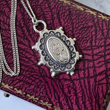 Cargar imagen en el visor de la galería, Antique Victorian Silver Aesthetic Engraved Pansy Flower Necklace. Small Oval Sterling Silver Antique Pendant & Chain. Victorian Jewelry