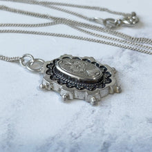 Cargar imagen en el visor de la galería, Antique Victorian Silver Aesthetic Engraved Pansy Flower Necklace. Small Oval Sterling Silver Antique Pendant & Chain. Victorian Jewelry