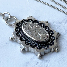 Cargar imagen en el visor de la galería, Antique Victorian Silver Aesthetic Engraved Pansy Flower Necklace. Small Oval Sterling Silver Antique Pendant & Chain. Victorian Jewelry