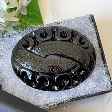 Load image into Gallery viewer, Antique Victorian Whitby Jet Snake Brooch. Carved English Jet & Silver Serpent Brooch. Large Oval Lapel Pin. Victorian Mourning Jewelry