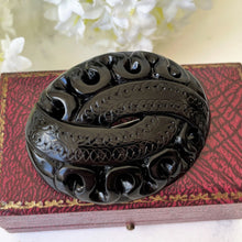 Load image into Gallery viewer, Antique Victorian Whitby Jet Snake Brooch. Carved English Jet & Silver Serpent Brooch. Large Oval Lapel Pin. Victorian Mourning Jewelry