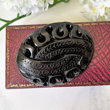 Load image into Gallery viewer, Antique Victorian Whitby Jet Snake Brooch. Carved English Jet & Silver Serpent Brooch. Large Oval Lapel Pin. Victorian Mourning Jewelry