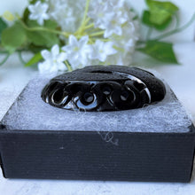 Load image into Gallery viewer, Antique Victorian Whitby Jet Snake Brooch. Carved English Jet & Silver Serpent Brooch. Large Oval Lapel Pin. Victorian Mourning Jewelry