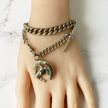 Cargar imagen en el visor de la galería, Victorian Gold Plated Pocket Watch Chain & Horseshoe Fob. Antique ALBO Albert Watch Chain. Curb Chain Bracelet, T-Bar, Dog Clip, Fob.