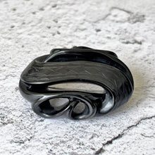 Cargar imagen en el visor de la galería, Antique Victorian Whitby Jet Stylised Snake Brooch. Deep Carved English Jet Infinity Love Knot Brooch. Victorian Mourning Jewelry