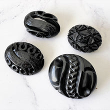 Cargar imagen en el visor de la galería, Antique Victorian Whitby Jet Stylised Snake Brooch. Deep Carved English Jet Infinity Love Knot Brooch. Victorian Mourning Jewelry
