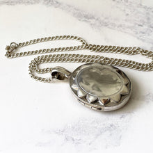 Carica l'immagine nel visualizzatore di Gallery, Antique Victorian Silver Flower Locket & Chain. Embossed Engraved Chrysanthemum Photo Locket. Large Puffy Sterling Silver Locket Necklace