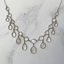 Cargar imagen en el visor de la galería, Antique Silver Moonstone Necklace. Edwardian Open Back Moonstone Fringe Necklace. Sterling Silver Lavalier Drop Festoon Necklace