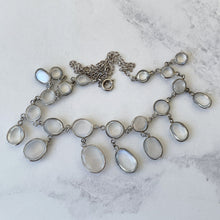 Cargar imagen en el visor de la galería, Antique Silver Moonstone Necklace. Edwardian Open Back Moonstone Fringe Necklace. Sterling Silver Lavalier Drop Festoon Necklace