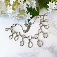 Cargar imagen en el visor de la galería, Antique Silver Moonstone Necklace. Edwardian Open Back Moonstone Fringe Necklace. Sterling Silver Lavalier Drop Festoon Necklace