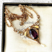 Charger l'image dans la galerie, Antique Art Nouveau Lavalier Necklace. Edwardian 9ct Gold, Amethyst & Pearl Gold Lavaliere Necklace. Pendant Drop Necklace, Torpedo Clasp.