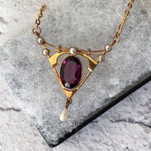 Charger l'image dans la galerie, Antique Art Nouveau Lavalier Necklace. Edwardian 9ct Gold, Amethyst & Pearl Gold Lavaliere Necklace. Pendant Drop Necklace, Torpedo Clasp.
