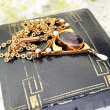 Charger l'image dans la galerie, Antique Art Nouveau Lavalier Necklace. Edwardian 9ct Gold, Amethyst & Pearl Gold Lavaliere Necklace. Pendant Drop Necklace, Torpedo Clasp.