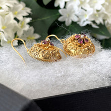 Cargar imagen en el visor de la galería, Antique Victorian 9ct Gold Garnet & Pearl Earrings. Etruscan Revival Rose Pink Rhodolite Garnet Gold Earrings. Victorian Target Earrings