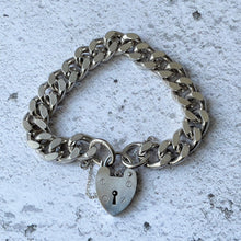 Cargar imagen en el visor de la galería, Vintage Heavy Sterling Curb Chain Bracelet, Heart Padlock Clasp. Chunky 1970s English Silver Diamond Cut Love Bracelet, London Hallmarks