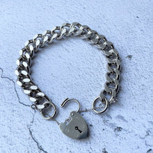 Cargar imagen en el visor de la galería, Vintage Heavy Sterling Curb Chain Bracelet, Heart Padlock Clasp. Chunky 1970s English Silver Diamond Cut Love Bracelet, London Hallmarks